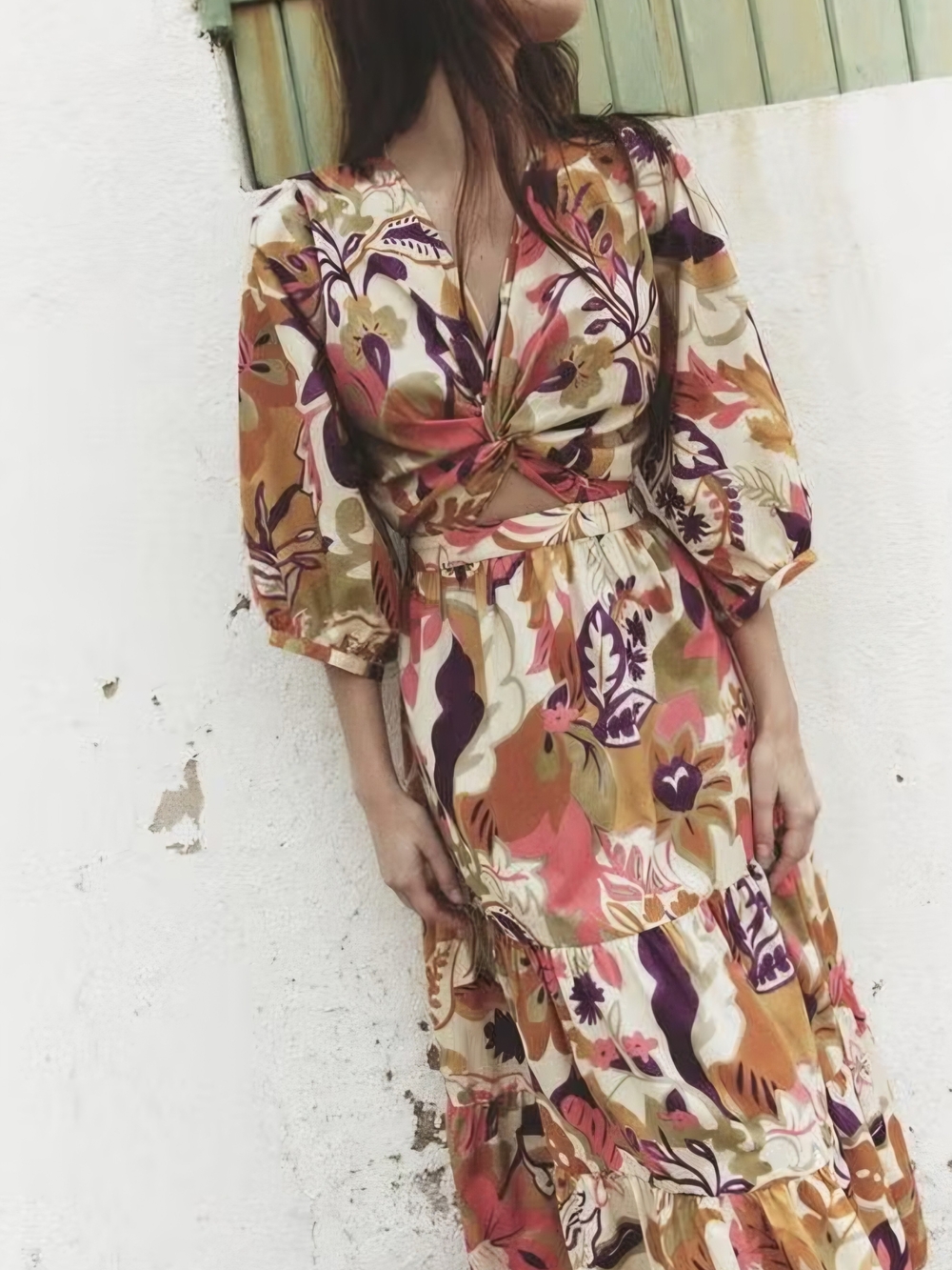 Boho Floral Twist-Front Maxi Dress in Multicolor